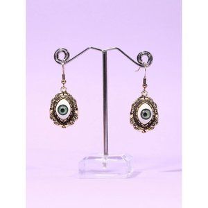 Decorative framed green‎ evil Eye Dangle Earrings with silver tone Outer Decor